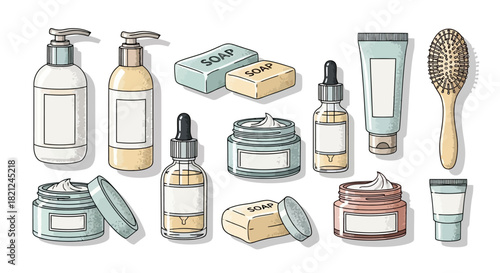 Hand-drawn collection of skincare and cosmetic products for a daily beauty routine, including cream jars, serum bottles, soap bars, and a hairbrush
