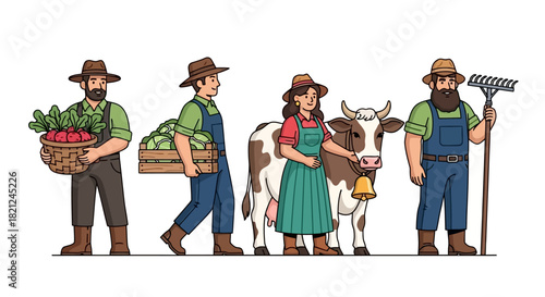 Farmers with Cow and Harvested Vegetables in a Colorful Vector Illustration