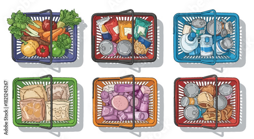 Collection of assorted groceries and household items neatly arranged in six shopping baskets, offering a diverse selection for everyday needs