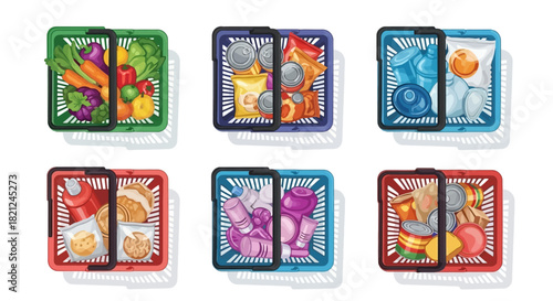 Top-down illustration of six shopping baskets with smartphones, showing categorized groceries for online ordering and delivery