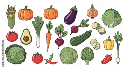 An assortment of colorful and detailed vector illustrations of various fresh garden vegetables, ideal for promoting healthy nutrition, cooking, and natural food concepts