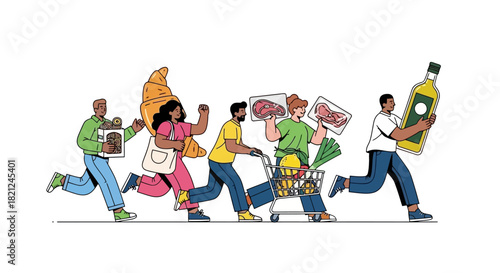 Diverse group of people running with groceries from a supermarket, illustrating the concept of consumer rush, panic buying, and food inflation