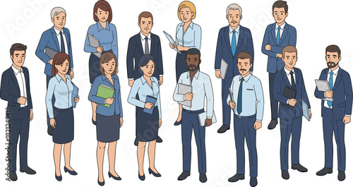 Diverse professional business team standing together, office staff group illustration, teamwork concept, leadership, corporate employees in modern workplace environment
