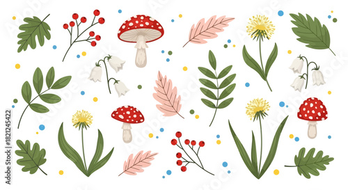 A charming collection of forest botanical illustrations featuring fly agaric mushrooms, dandelions, lily of the valley, red berries, and assorted leaves