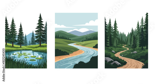 Serene Forest Landscape Scenes with Calm Water, Winding Rivers, and Woodland Paths