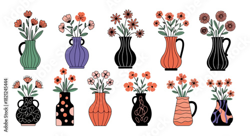 A delightful assortment of vividly colored flowers presented in an eclectic mix of uniquely patterned and shaped vases, offering a charming visual representation of contemporary floral design