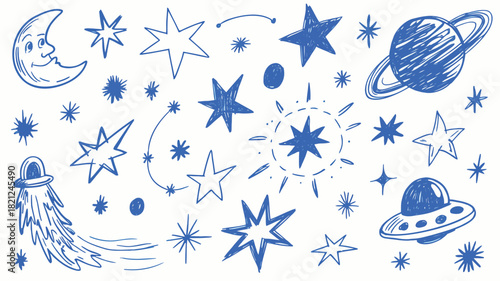 Hand drawn celestial elements collection featuring stars moons and cosmic shapes in a vibrant color palette