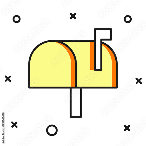 Filled outline Mail box icon isolated on white background. Mailbox icon. Mail postbox on pole with flag. Flat filled outline style with shadow. Vector