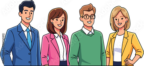 Smiling professional business team illustration standing together, teamwork and collaboration concept for corporate workplace, leadership, office communication, and company success