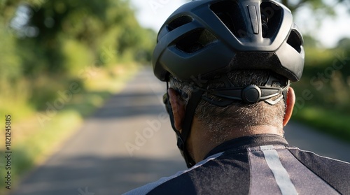 A cyclist, helmeted, embark...