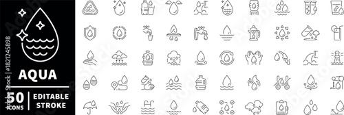 Water and aqua icons set. editable line icons, linear hydration symbols