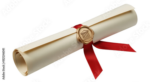 Rolled diploma with gold seal and red ribbon isolated on a transparent background