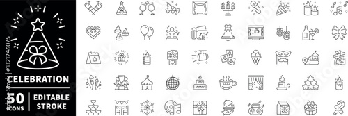 Celebration icons set. editable line icons for party, festival, and event design