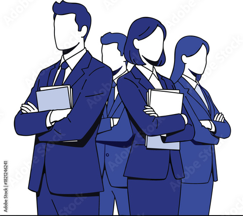 Professional business team illustration in formal suits standing confidently with crossed arms, teamwork leadership concept, successful corporate group design.