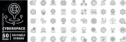 Cyberspace icons set. editable line icons, outline, digital and tech symbols