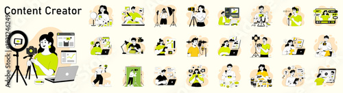 content creator vector illustration set showing vlogging, podcasting and blogging, collection for digital marketing and social media influencing