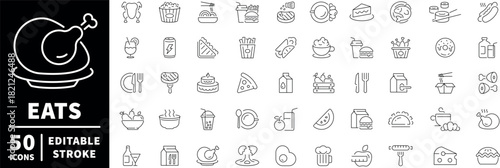 Food and beverage icons set. linear, editable line icons for dining and menu design