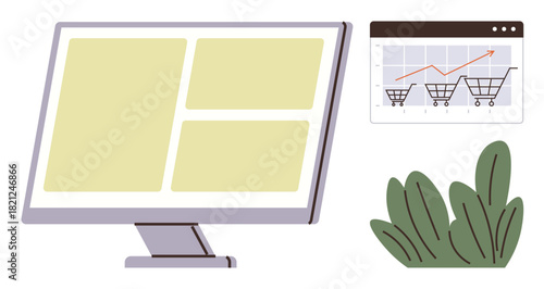 Computer screen displaying website layout, sales chart with shopping carts and growth graph, and decorative plants. Ideal for e-commerce, analytics, marketing, business strategy, shopping, growth