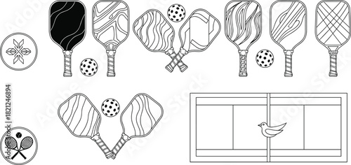 Pickleball vector icon set, black and white paddle illustrations, ball graphics, court layout symbols, sports equipment design, recreational artwork pack