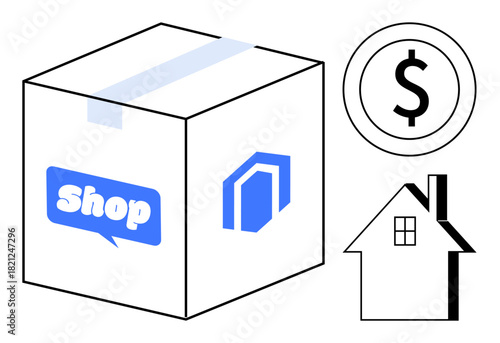 Cardboard box labeled shop with dollar coin and house icons. Ideal for online shopping, delivery services, e-commerce logistics, retail, home delivery, shipping, customer convenience. Simple flat