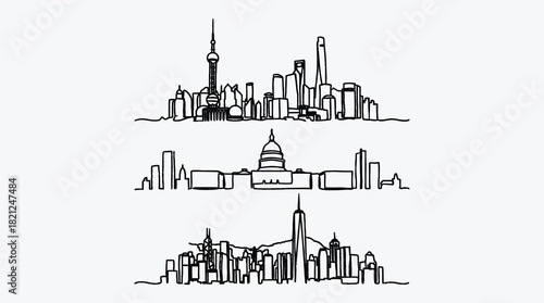 City skyline illustration vector of Shanghai Washington DC and New York
