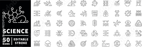 Science icons set. editable line icons, outline, research, and laboratory symbols