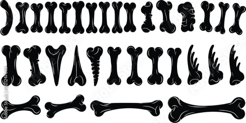 Stylized bone vector illustration set, black anatomical silhouettes, twisted and cracked bone shapes, skeletal design elements, medical and artistic graphics