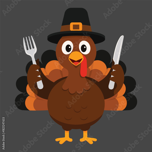 Full-body cartoon turkey character wearing a black Pilgrim hat, standing front-facing on a dark gray background. The turkey is humorously holding a silver fork in one hand and a knife in the other, re