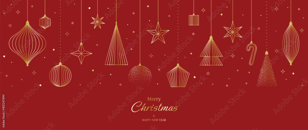 Obraz premium Christmas vector greeting card illustration with red background, gold hanging ornaments and stars for Happy New Year — elegant festive design