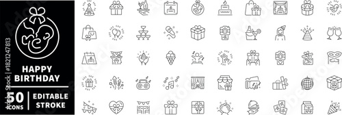 Birthday celebration icons set. editable line icons, outline, party, gifts, and fun
