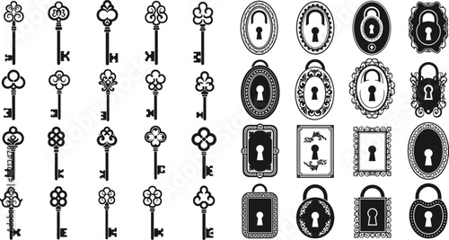 Vintage key and keyhole vector set, antique lock designs, ornate silhouettes, decorative elements, padlock icons, retro security graphics, old-fashioned style