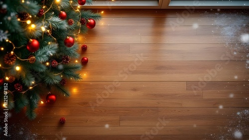 Festive Christmas tree branch adorned with ornaments and twinkling lights creates a warm and inviting holiday atmosphere over rustic wooden floor