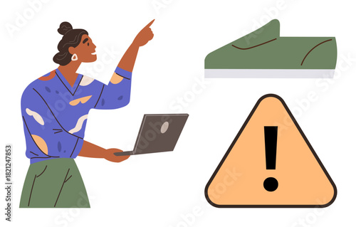 Woman with laptop points at caution sign, green shoe sketch. Ideal for design, innovation, alertness, creativity, fashion, presentation technology. Simple flat metaphor