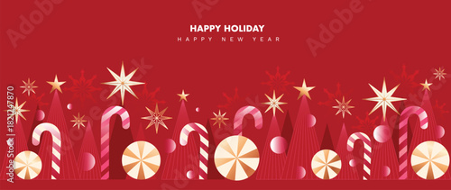 Christmas vector greeting card illustration with red background, candy canes, stars and festive sweets for Happy New Year — bright holiday design