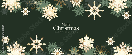Christmas vector greeting card illustration with dark green background, cream snowflakes and gold accents for Happy New Year — festive winter design