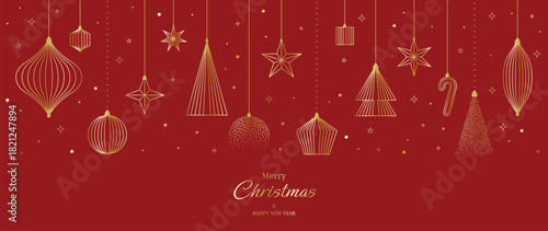 Christmas vector greeting card illustration with red background, gold hanging ornaments and stars for Happy New Year — elegant festive design