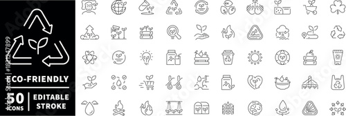 Eco-friendly icons set. editable line icons, outline, sustainability and green design