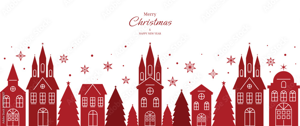 Naklejka premium Christmas vector greeting card illustration with red and white village scene, trees and stars for Happy New Year — classic winter design