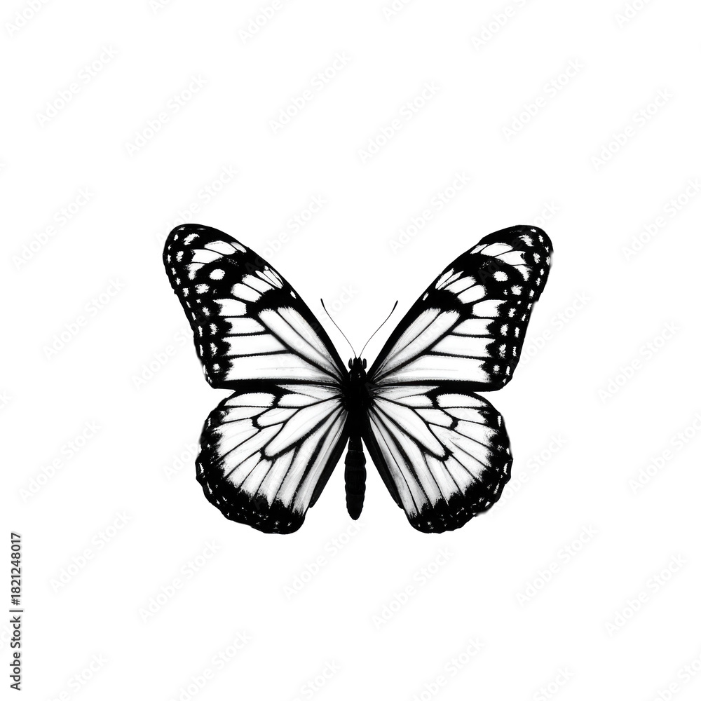 Obraz premium A delicate black and white butterfly perches on a white background, waiting for its next adventure