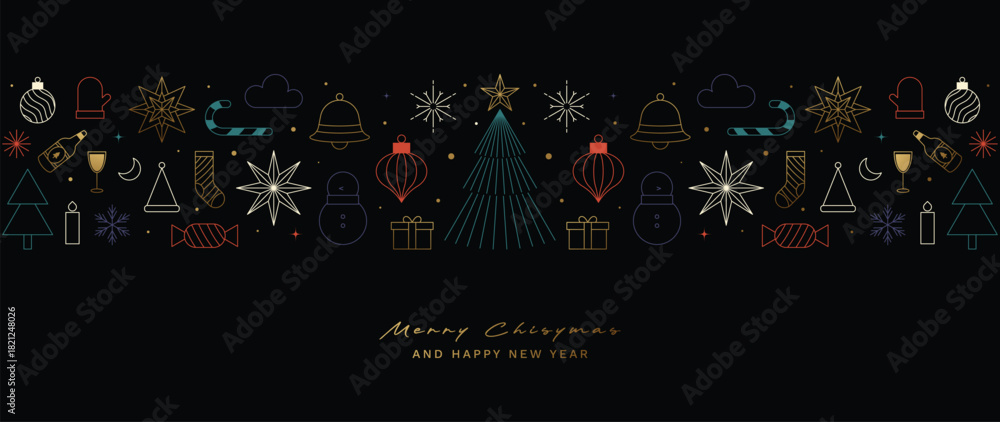 Fototapeta premium Christmas vector greeting card illustration with black background, colorful holiday icons and stars for Happy New Year — playful festive design