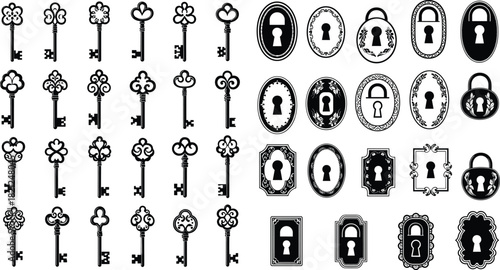 Vintage keys and keyholes vector set, ornate lock designs, antique silhouettes, decorative elements, padlock icons, retro security graphics, old-fashioned style