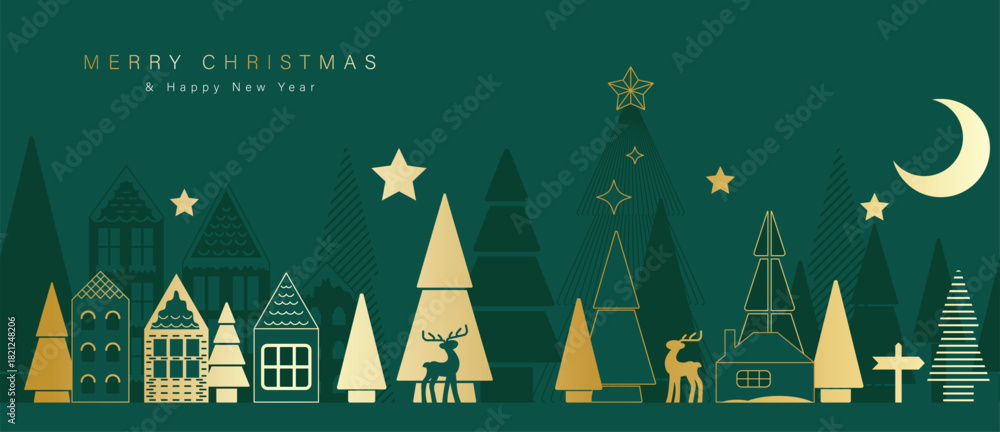 Naklejka premium Christmas vector greeting card illustration with green background, village houses, moon and trees for Happy New Year — peaceful winter design