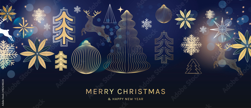 Fototapeta premium Christmas vector greeting card illustration with blue background, gold trees, reindeer and snowflakes for Happy New Year — festive winter design