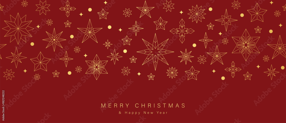 Naklejka premium Christmas vector greeting card illustration with red background, gold stars and snowflakes for Happy New Year — festive decorative design
