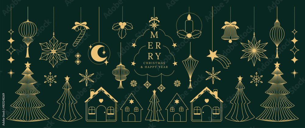 Naklejka premium Christmas vector greeting card illustration with dark green background, gold houses, trees, stars and hanging ornaments for Happy New Year — elegant holiday design