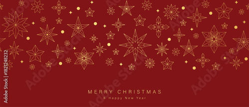 Christmas vector greeting card illustration with red background, gold stars and snowflakes for Happy New Year — festive decorative design