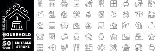 Household icons set. editable line icons. outline, home, domestic symbols