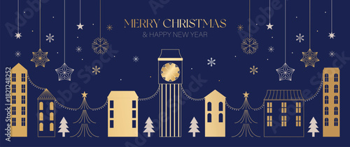 Christmas vector greeting card illustration with navy blue background, gold houses, snowflakes, stars and hanging decorations for Happy New Year — elegant winter design