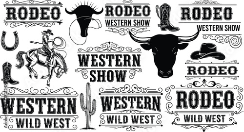 Western rodeo vector design, cowboy icons, wild west graphics, vintage style elements, horse rider silhouette, bull head, boots, hat, lasso, cactus