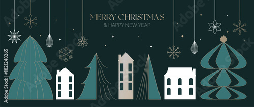 Christmas vector greeting card illustration with green background, trees, houses and hanging ornaments for Happy New Year — cozy holiday design
